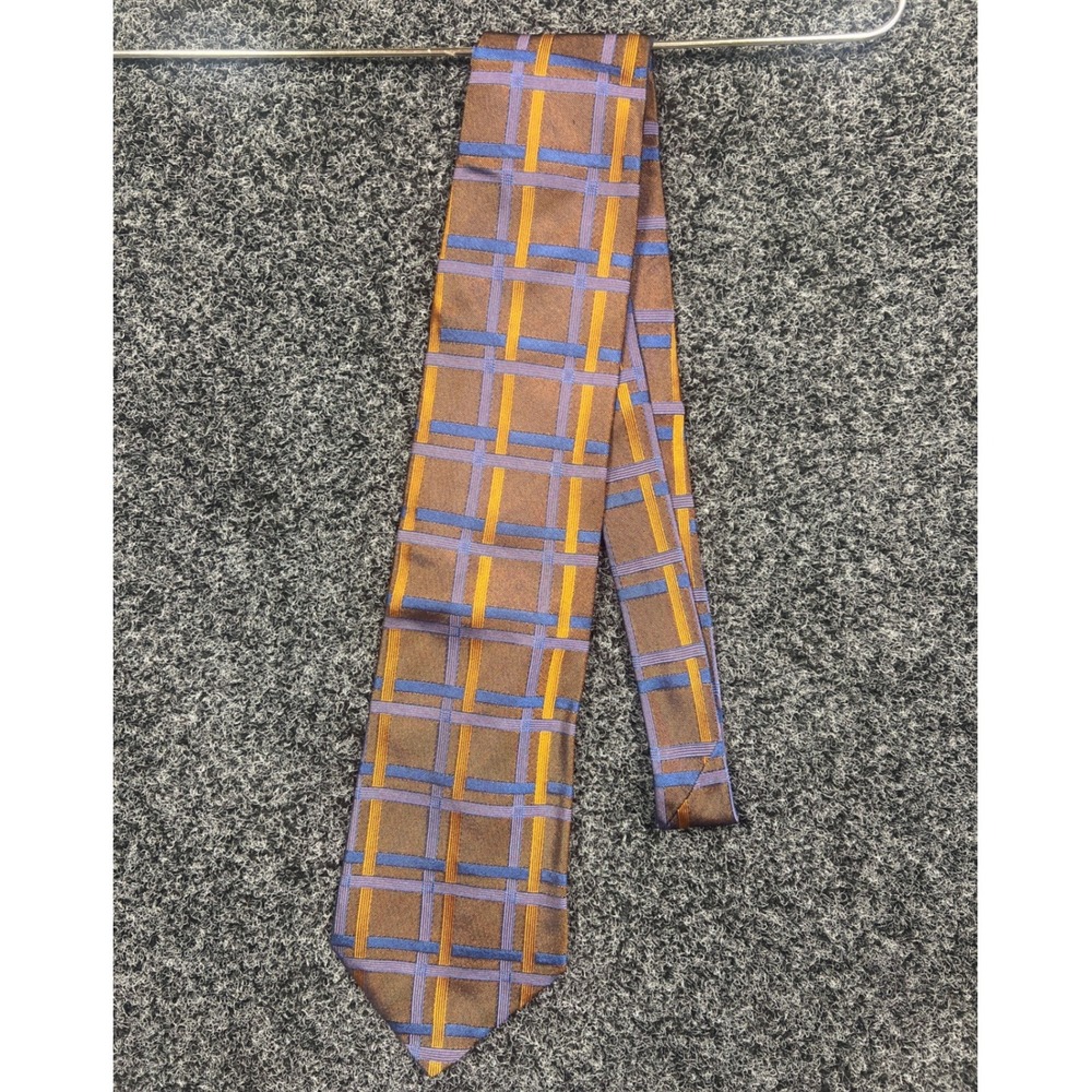 Banana Republic Tie Mens OS Brown Blue Plaid Silk Made in Italy Geometric Office